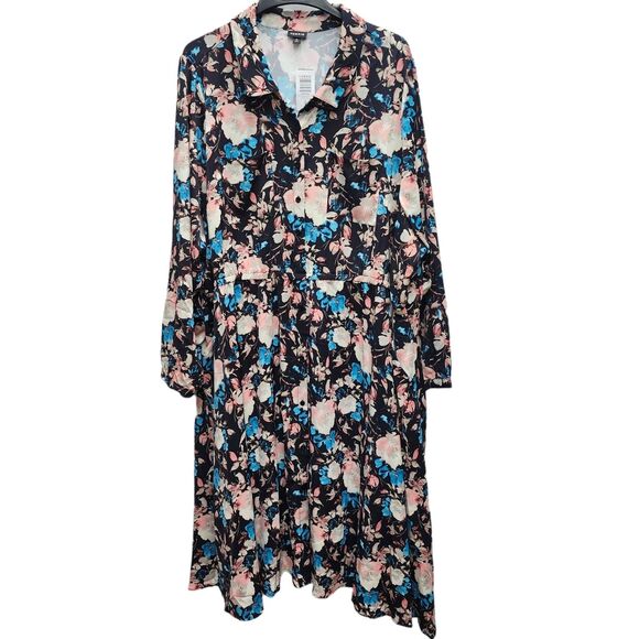 Torrid Midi Dress Womens 6X Black Floral Elastic Waist Button Up Long Sleeves - Picture 2 of 9
